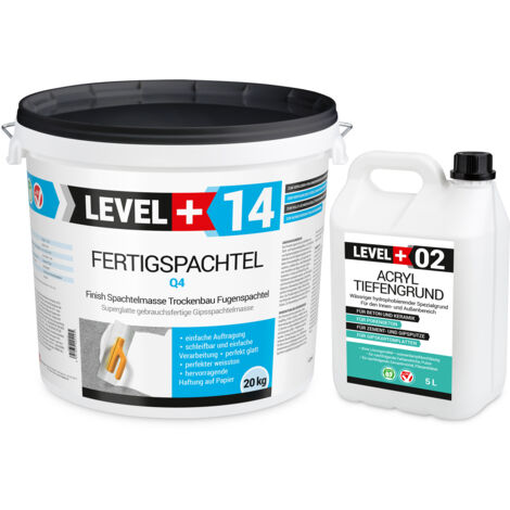 LEVEL+ Fertigspachtel 20kg Spachtelmasse und Acryl Tiefengrund 5L SET600