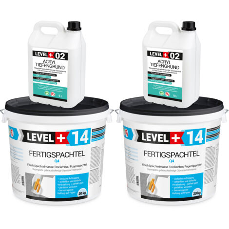 LEVEL+ Fertigspachtel 40kg Spachtelmasse und Acryl Tiefengrund 10L SET601