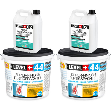 LEVEL+ Fertigspachtel 40kg Spachtelmasse und Acryl Tiefengrund 10L SET604