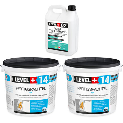 LEVEL+ Fertigspachtel 40kg Spachtelmasse und Acryl Tiefengrund 5L SET602