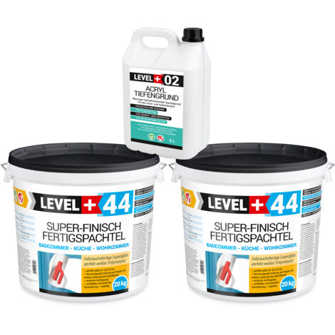 LEVEL+ Fertigspachtel 40kg Spachtelmasse und Acryl Tiefengrund 5L SET605