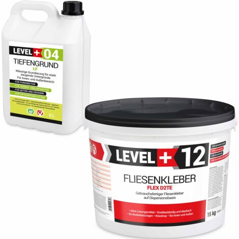 LEVEL+ Fliesenkleber 15Kg + Tiefengrund 5L Dispersionkleber Weiß Steinkleber SET207