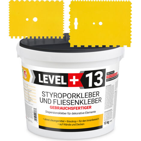 LEVEL+ SET Styroporkleber Dispersionkleber Dekor Deckenplatten L+13 - 10KG + 2St. Zahnspachtel 18x13cm + 13x9cm