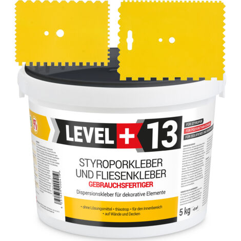 LEVEL+ SET Styroporkleber Dispersionkleber Dekor Deckenplatten L+13 - 5KG + 2St. Zahnspachtel 18x13cm + 13x9cm