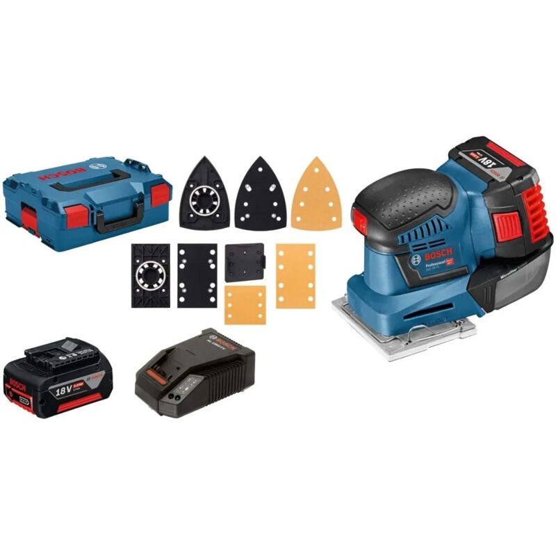 Image of Levigatrice vibrante Bosch gss 18V-10 - 2 batterie 18V 5.0Ah, caricabatterie e valigetta + 3 fogli abrasivi e 3 piastre - 06019D0201