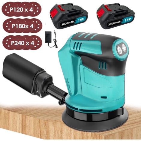 TEETOK Levigatrice orbitale casuale, levigatrice palmare senza fili senza spazzole da 125 mm, 3 velocità, compatibile con batteria Makita, + 12 fogli di carta vetrata, 2 batterie da 3.0 Ah + caricabatteria