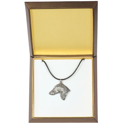 Lévrier persan, Saluki - un collier avec un chien dans une boîte cadeau, un médaillon plaqué argent pour un amoureux des chiens, un pendentif impressionnant d'Art-Dog