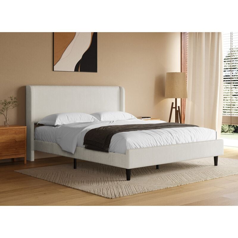 Deco In Paris - levy - Lit double en velours côtelé épais beige 160x200cm levy