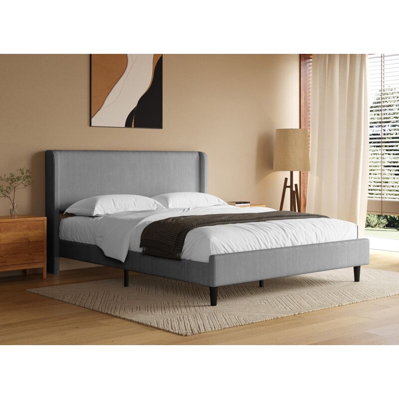 Deco In Paris - levy - Lit double en velours côtelé épais gris clair 160x200cm levy