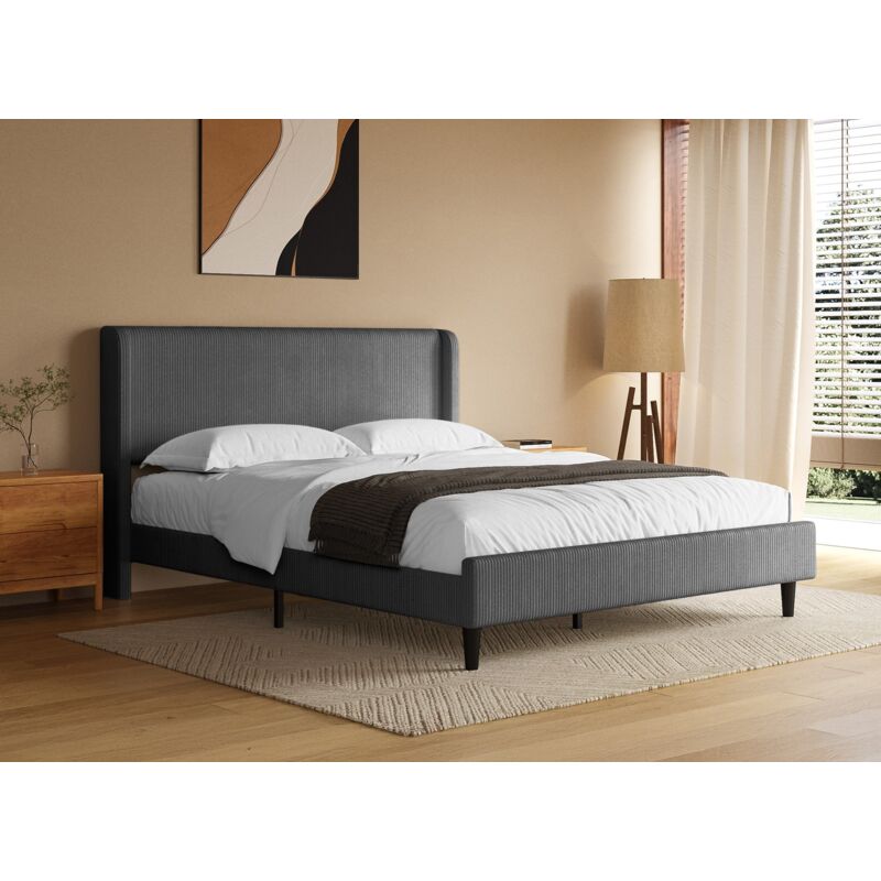 Deco In Paris - levy - Lit double en velours côtelé épais gris foncé 160x200cm levy