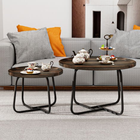 LEWE Lot de 2 Table Basse Ronde, Table De Salon Style Industriel, Aspect Bois et Cadre Noir en Métal, Marron Foncé