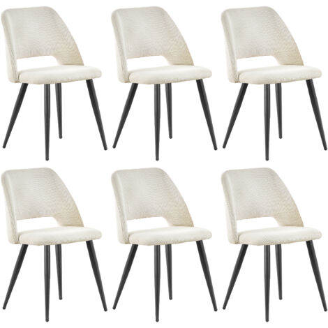 Lewe – Lot de 6 chaises de salle à manger en velours côtelé beige – Rembourrage mousse haute densité – Pieds en métal noir stables – Dossier ergonomique
