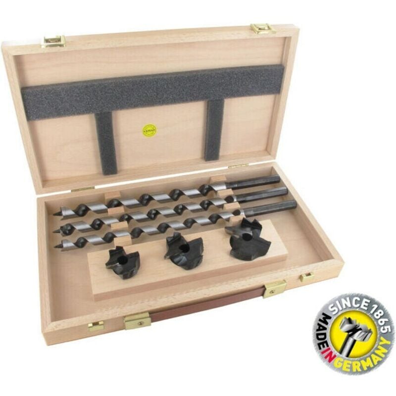 Lewis Auger Bits oal 460mm & Bormax Countersink 6 Pieces Set in Wooden Box - Famag