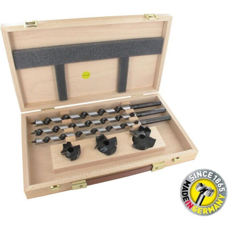 Lewis Auger Bits oal 235mm & Bormax Countersink 6 Pieces Set in Wooden Box - Famag