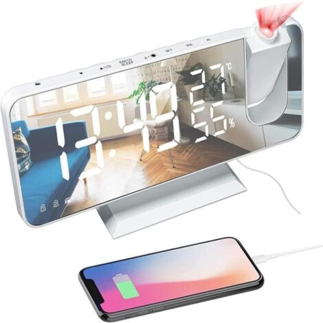 Leytn® Réveil Projecteur Plafond Rotation 180 ° Luminosité Réglable avec Fonction Snooze Double Réveil Radio FM - Blanc