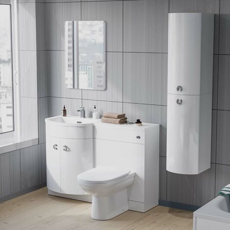 LH White Vanity with BTW Toilet, WC, Basin and Wall Hung Cabinet Flat Pack Dene