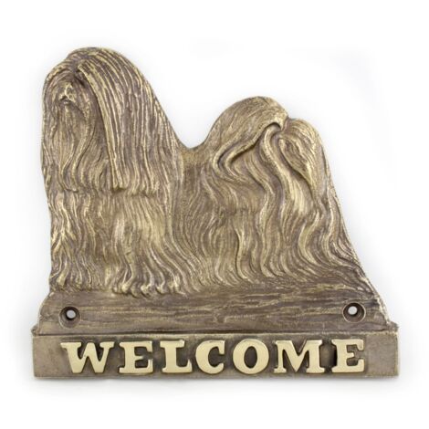 Lhasa Apso - cartel para puerta con un perro, placa de bienvenida de latón, cartel exclusivo con la palabra Welcome de Art-Dog