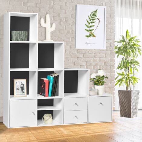 LIAM armario escalonado, 4 niveles, madera blanca + puertas/cajones blancos, fondo gris