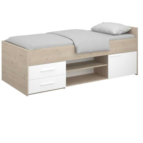 LIAM Lit enfant avec rangement - Décor chene jackson et blanc - L204 cm x l95 x H79 cm