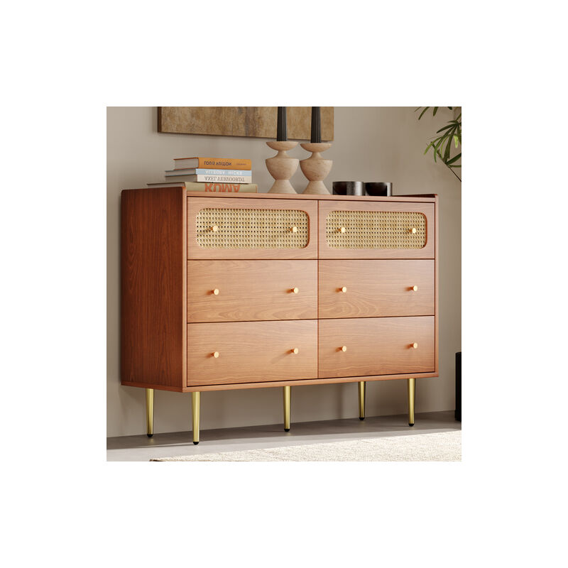 Commode à 6 tiroirs, buffet en rotin, buffet haut pour les chambres et tous les salons, noyer -H90/L120/P40 cm - Liberté
