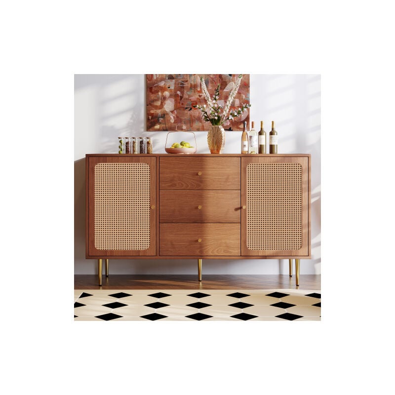 Liberté - Commodes Portes en Rotin avec Tiroir, Étagère Réglable, pour Salon Chambre, Noyer-H90/L150/P40 cm