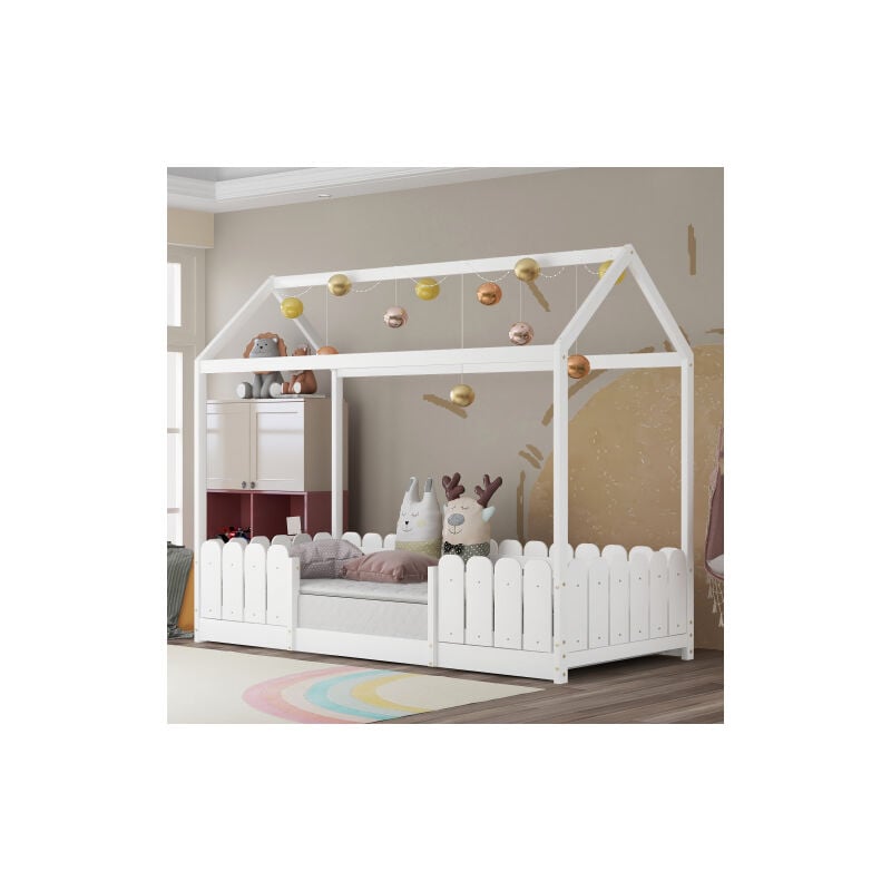Liberté - Lit cabane en bois pour enfant 90x200 cm - avec protection contre les chutes et sommier à lattes - blanc