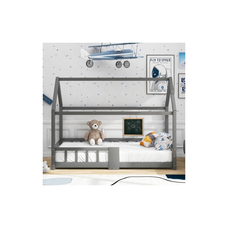 Lit cabane en bois pour chambre d'enfants 90 x 200 cm, en bois de pin, gris (sans matelas) - Liberté