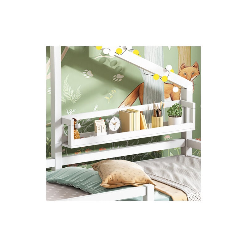 Lit cabane lit enfant avec étagère de rangement forme cheminée 90x200 blanc - Liberté