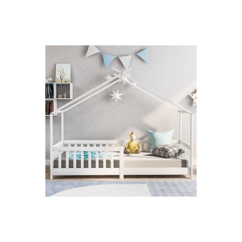 Liberté - Lit cabane pour enfant en bois massif avec sommier à lattes et clôtures pour chambres d'enfants , blanc (200x90cm)