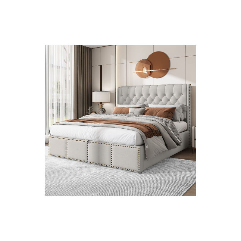 Liberté - Lit capitonné double coton-lin, avec levier hydraulique, espace rangement, décoration rivets, 140 x 200 cm