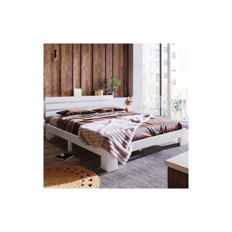 Liberté - Lit double en bois avec tête de lit, cadre de lit avec sommier à lattes 200x140cm, bois massif fsc en pin - Blanc