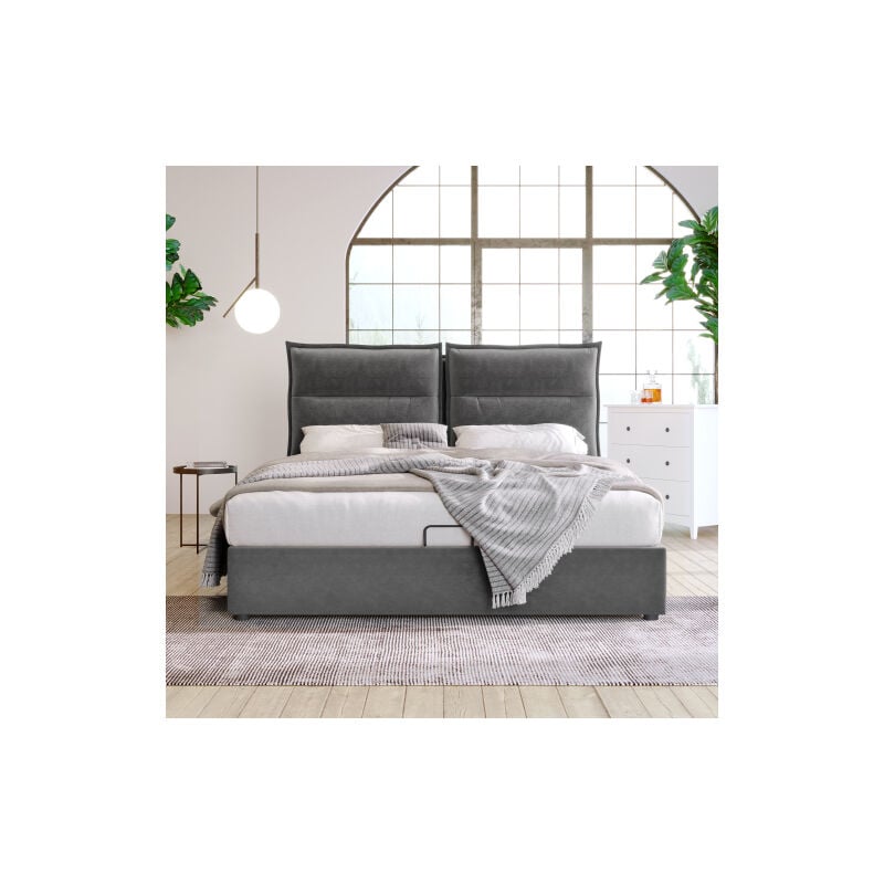 Lit Double Hydraulique Rembourré 140x200cm, Tête de Lit Réglable, Velours, avec Grand Espace de Rangement, Gris - Liberté