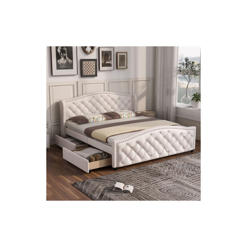 Lit double rembourré 140 x 200cm, avec sommier à lattes, 2 tiroirs et tête de lit, bois & simili cuir - blanc - Liberté