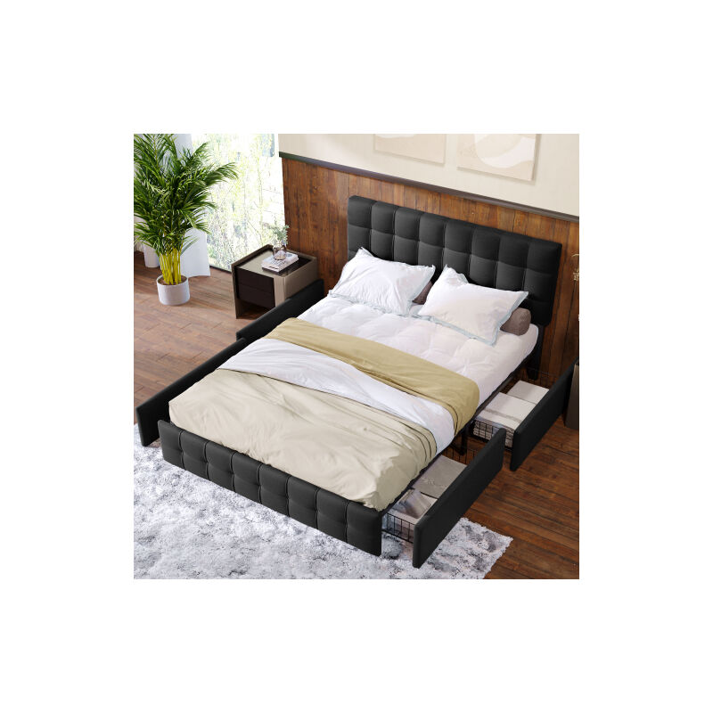 LIBERTÉ Lit double rembourré avec 4 tiroirs et sommier à lattes en métal, tête de lit réglable et coutures carrées, en lin (140 x 200 cm, noir)