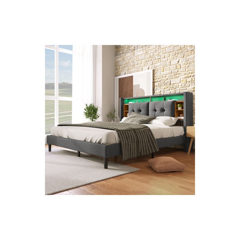 Liberté - Lit double rembourré avec espace de rangement et tête de lit lit avec chargement usb et éclairage led 160200CM gris