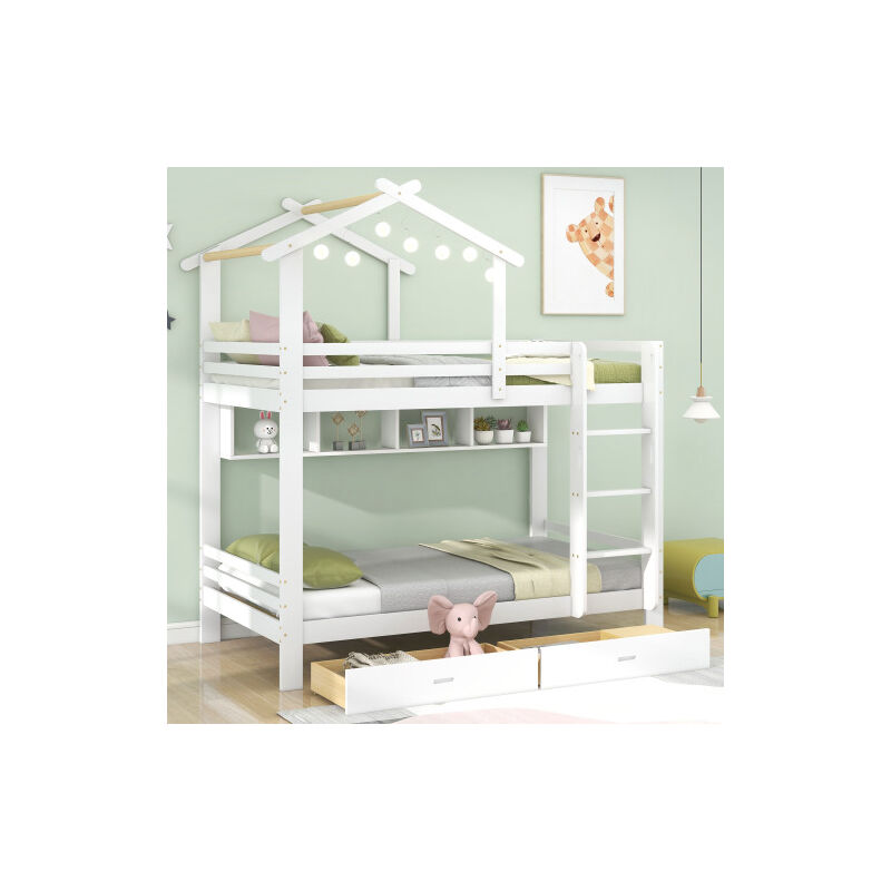 Liberté - Lit enfant cabane superposé avec tiroirs et étagères et protection antichute, cadre en pin, blanc (90x200cm)