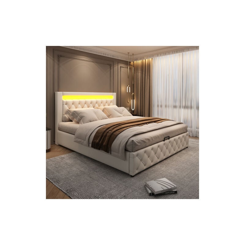 Liberté - Lit rembourré 140 x 200 cm, avec sommier à lattes et espace de rangement, éclairage led, blanc pu