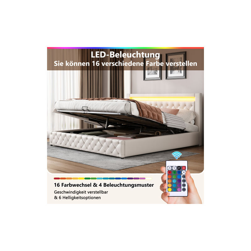 Liberté - Lit rembourré 180 x 200 cm avec sommier à lattes et espace de rangement, éclairage led, blanc, pu