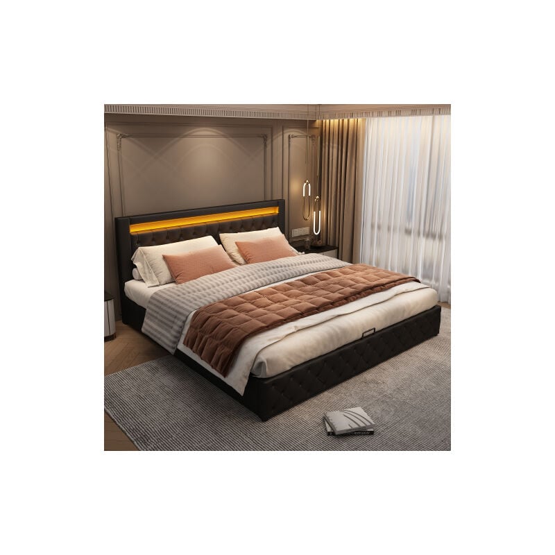 Liberté - Lit rembourré 180 x 200 cm, avec sommier à lattes et espace de rangement, éclairage led, noir, pu