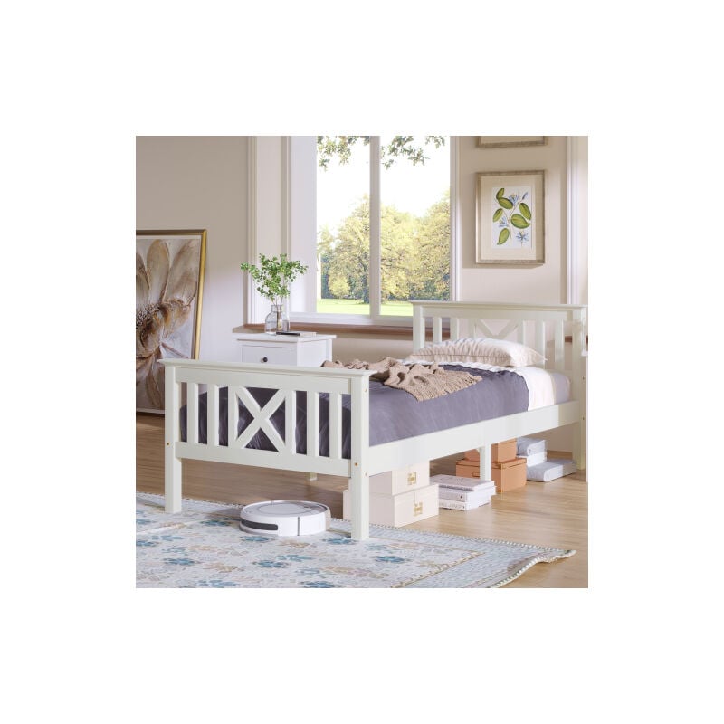 Liberté - Lit d'ado simple en bois composé d'un cadre de lit avec sommier à lattes et tête de lit - 90 x 200 cm, en bois pin massif, blanc