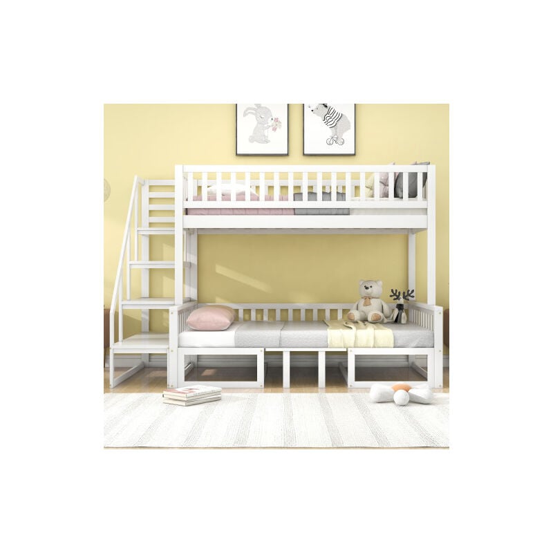 LIBERTÉ Lit superposé enfant avec escalier, table réglable et canapé en bois, cadre en pin robuste, blanc (90x200cm)