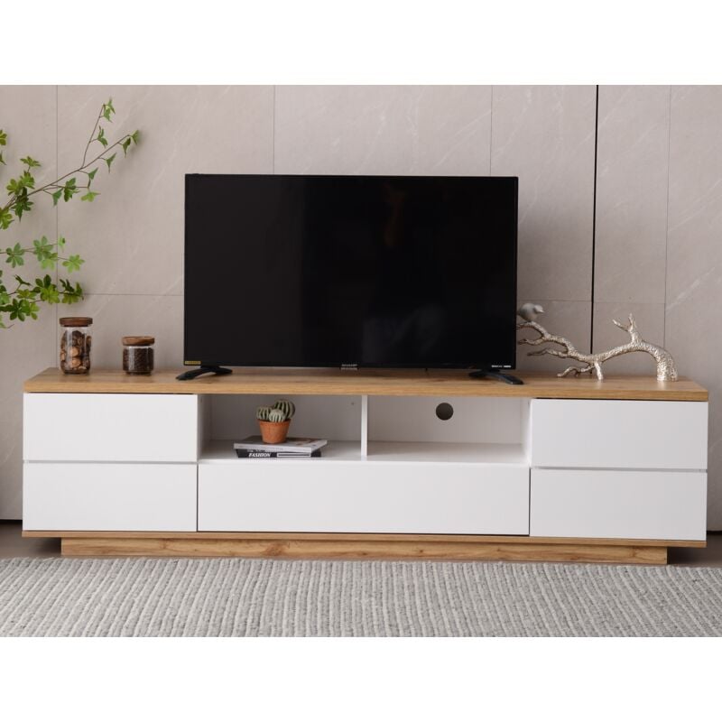 Liberté - Meuble tv scandinave contemporain 180 cm pour salon tv en bois 5 portes 8 compartiments naturel blanc