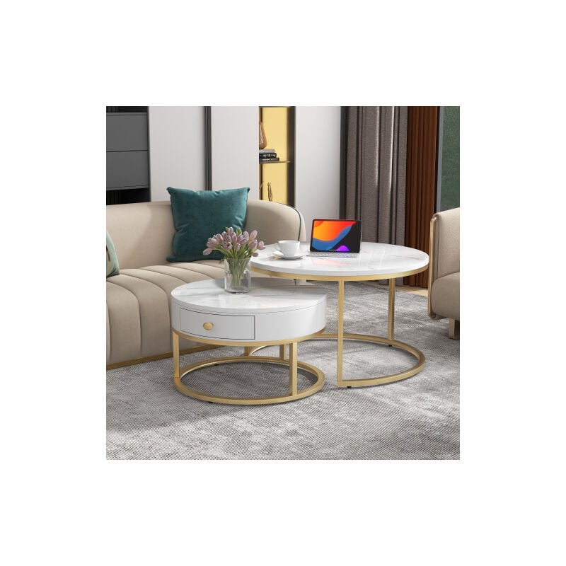 Liberté - Table Basse Gigogne Moderne Motif Marbre Haute Brillance blanc, Ensemble de 2 Tables Basses Rondes Imbriquée