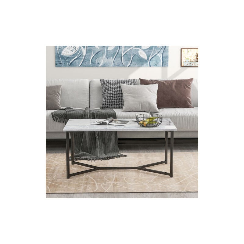 Liberté - Table basse rectangulaire en bois moderne du milieu du siècle, blanc marbre