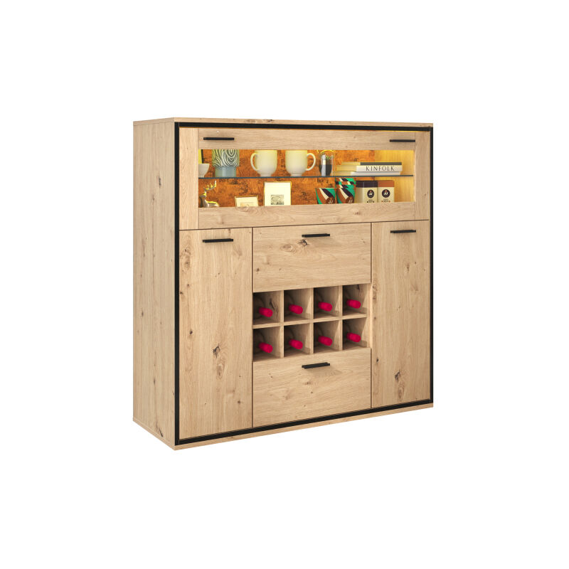 Buffet, cave à vin élégante avec portes doubles, étagère en verre et porte-bouteilles , en bois