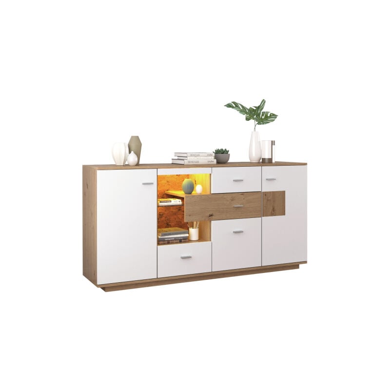 Buffet moderne avec beaucoup d'espace de rangement, éclairage led, 160x40x77, étagère en verre, aspect bois et blanc