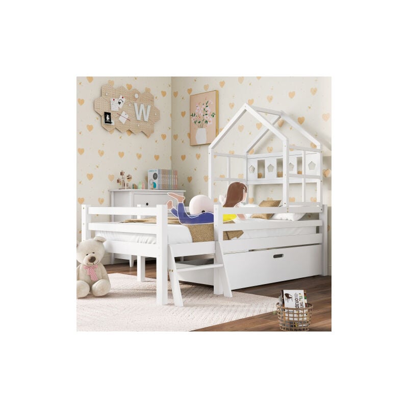 Lit cabane enfant avec échelle et tiroirs, sommier à lattes inclus, lit mezzanine en bois massif avec protection antichute 90x200cm blanc - Liberté