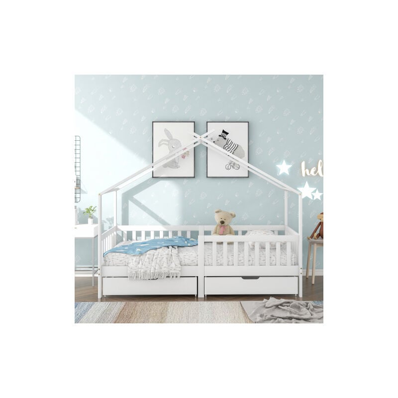 Liberté - Lit cabane pour enfant, avec 2 tiroirs, en bois avec rembardes et sommier à lattes, blanc (200x90 cm)