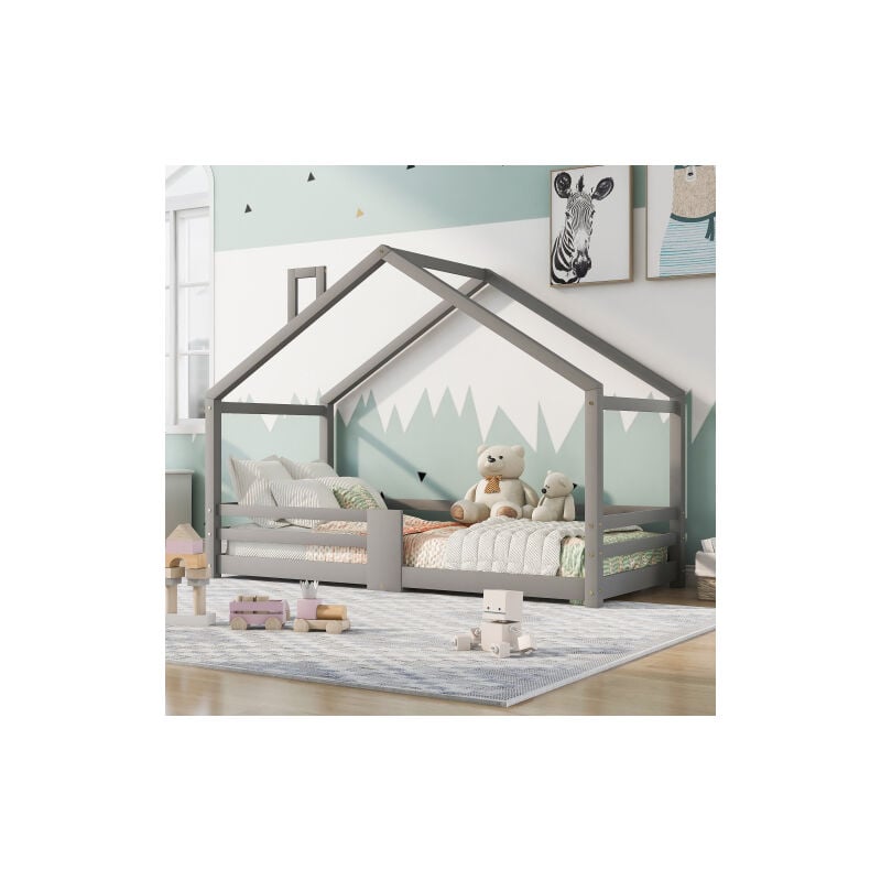 Liberté - Lit cabane pour enfant en bois de pin, avec protection contre les chutes, Sommier à lattes robuste 90x200cm, gris