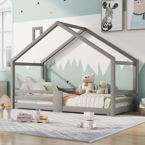 LIBERTÉ Lit cabane pour enfant en bois de pin, avec protection contre les chutes, Sommier à lattes robuste 90x200cm, gris